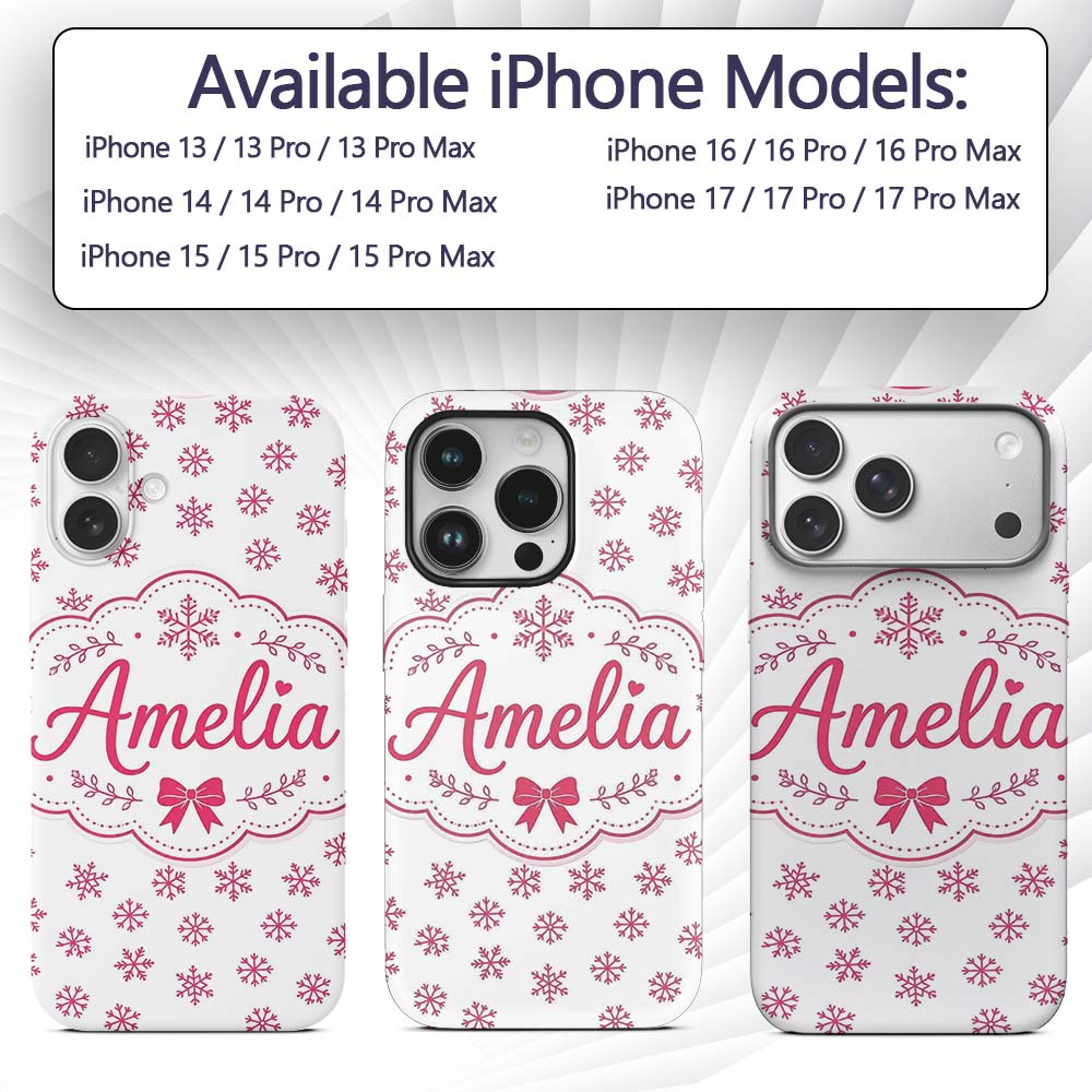 Minimal Pink Snowflake White Background Winter Custom Name Protective Phone Case Mobile Cover Durable Everyday Smartphone Shock Resistant