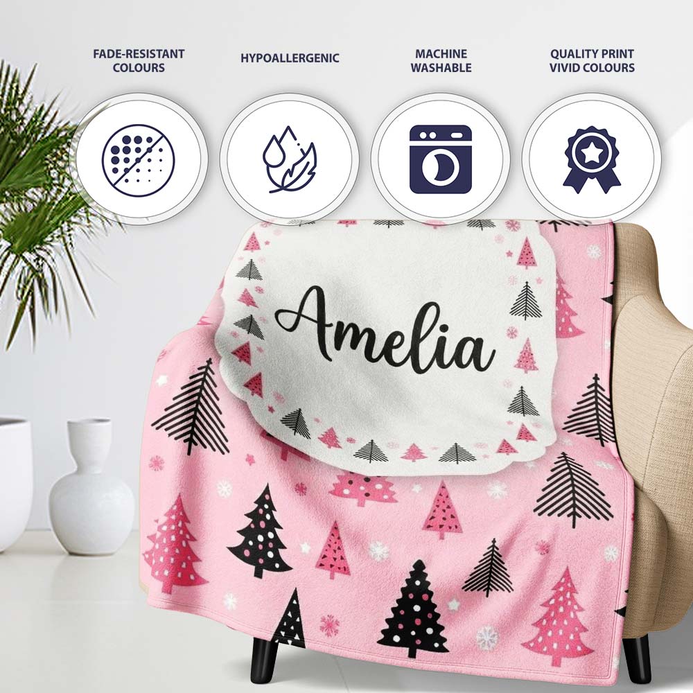 Modern Pink Black Christmas Tree Snowflake Seamless Pattern Lovely Personalised Custom Name Super Soft Fleece Blanket Bed Sofa Throw