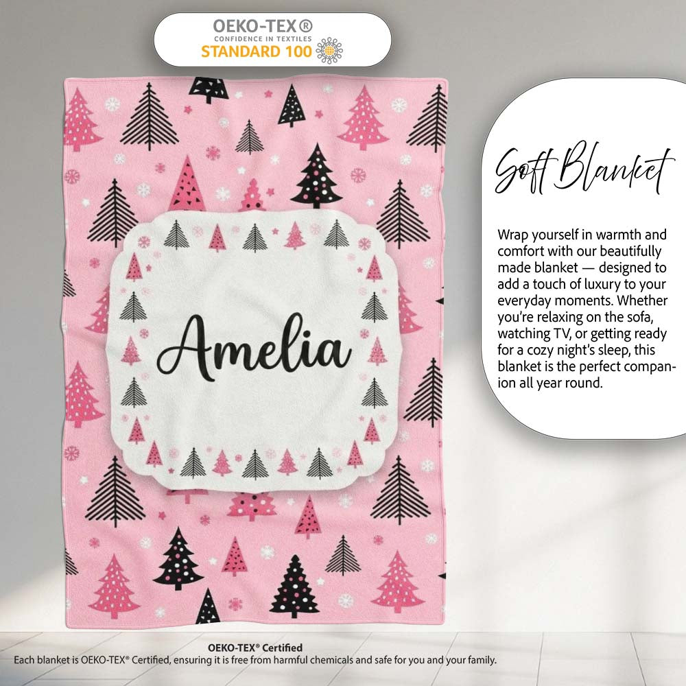 Modern Pink Black Christmas Tree Snowflake Seamless Pattern Lovely Personalised Custom Name Super Soft Fleece Blanket Bed Sofa Throw