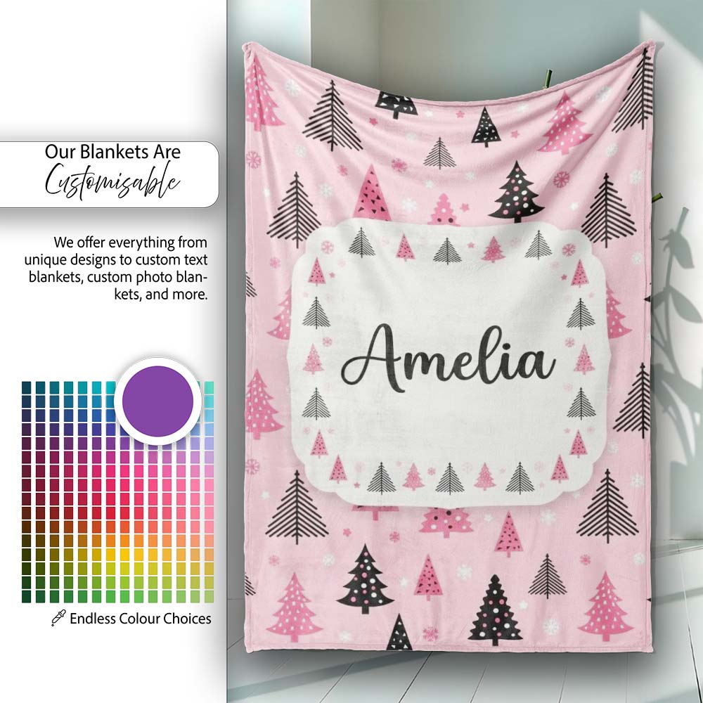 Modern Pink Black Christmas Tree Snowflake Seamless Pattern Lovely Personalised Custom Name Super Soft Fleece Blanket Bed Sofa Throw