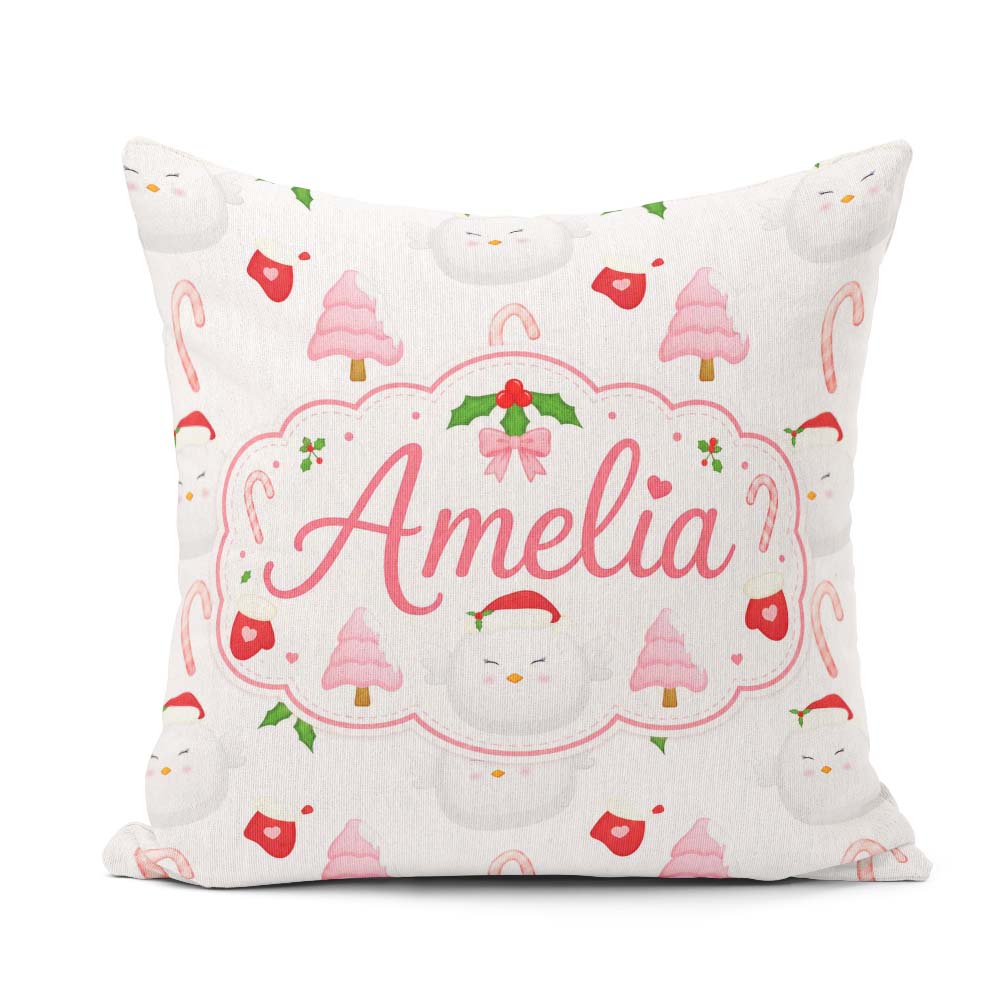 Custom Name Cute Winter Bird Santa Hat Candy Cane Holly Seamless Square Filled Cushion Throw Pillow Sofa Bed Home Decor Zip Washable UK Made