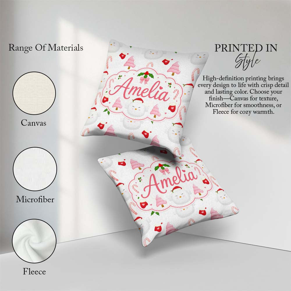 Custom Name Cute Winter Bird Santa Hat Candy Cane Holly Seamless Square Filled Cushion Throw Pillow Sofa Bed Home Decor Zip Washable UK Made