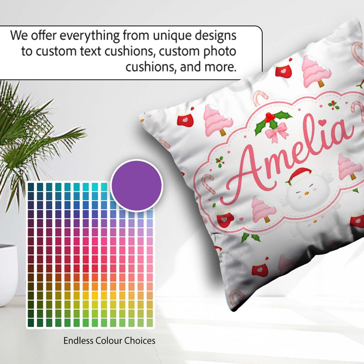 Custom Name Cute Winter Bird Santa Hat Candy Cane Holly Seamless Square Filled Cushion Throw Pillow Sofa Bed Home Decor Zip Washable UK Made