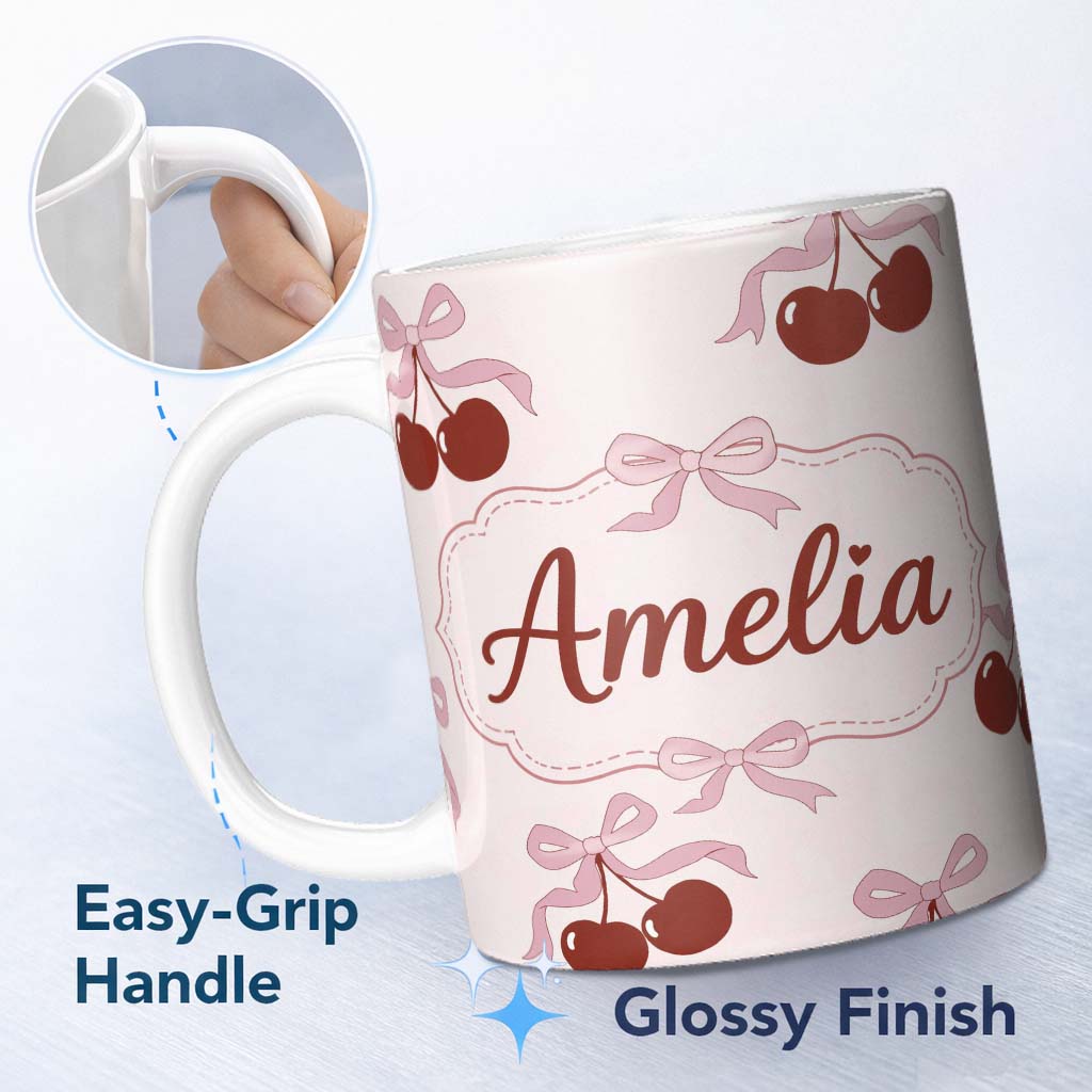 Personalized Custom Name Cherry Bow Ribbon Cute Minimal Beige Background Seamless Pattern 11oz Ceramic Coffee Tea Mug White Large Handle