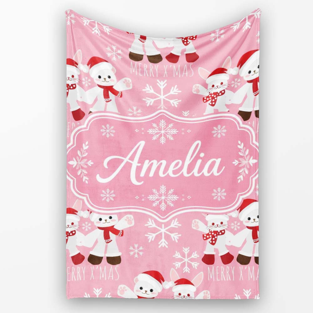 Cute Bunny Bear Merry Christmas Snowflake Seamless Pattern Lovely Personalised Custom Name Super Soft Fleece Blanket Bed Sofa Throw