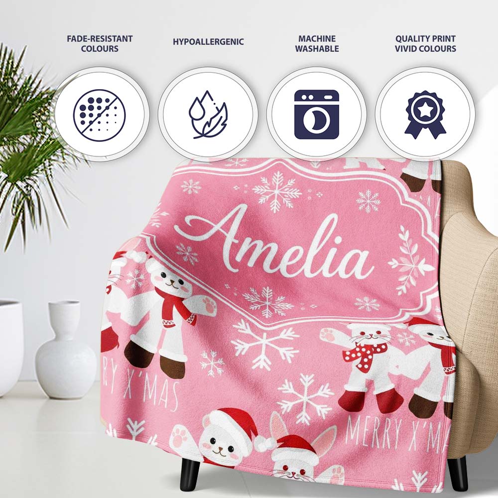 Cute Bunny Bear Merry Christmas Snowflake Seamless Pattern Lovely Personalised Custom Name Super Soft Fleece Blanket Bed Sofa Throw