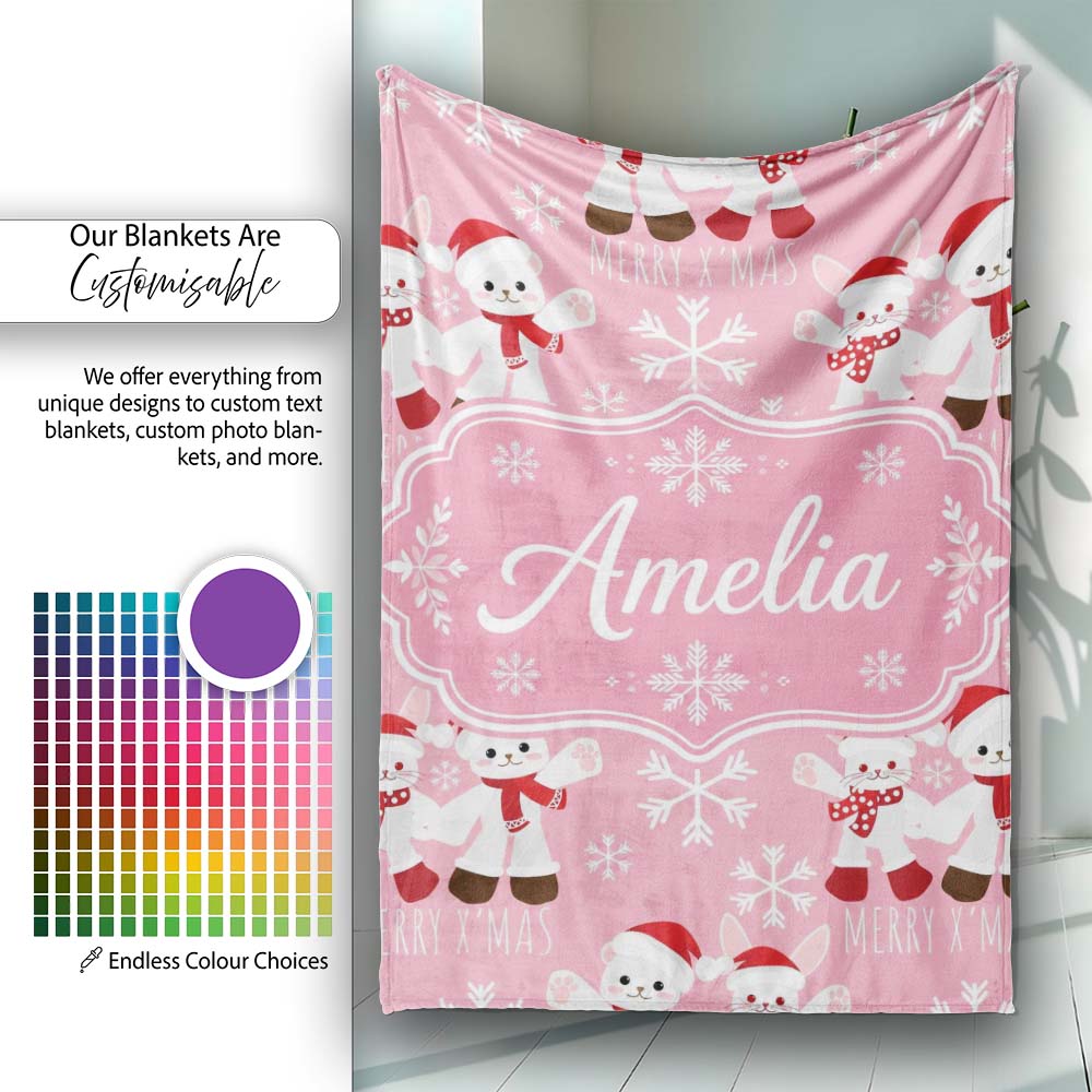 Cute Bunny Bear Merry Christmas Snowflake Seamless Pattern Lovely Personalised Custom Name Super Soft Fleece Blanket Bed Sofa Throw