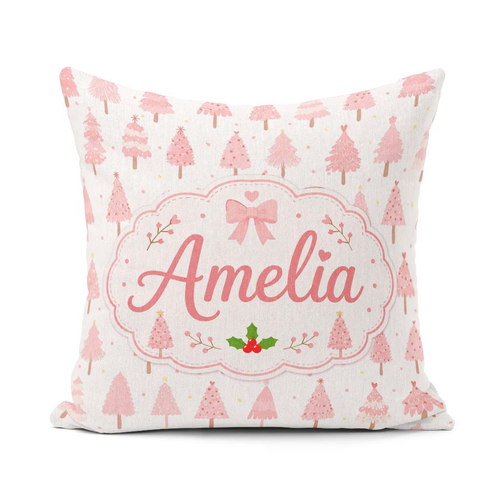Custom Name Soft Pink Christmas Tree Forest Seamless Pattern Square Filled Cushion Throw Pillow Sofa Bed Home Decor Zip Washable UK Made
