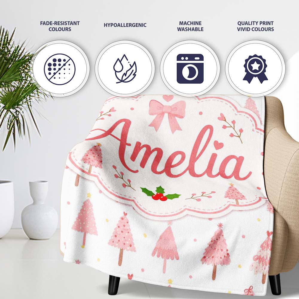 Soft Pink Christmas Tree Forest Cute Seamless Pattern Lovely Personalised Custom Name Super Soft Fleece Blanket Bed Sofa Throw