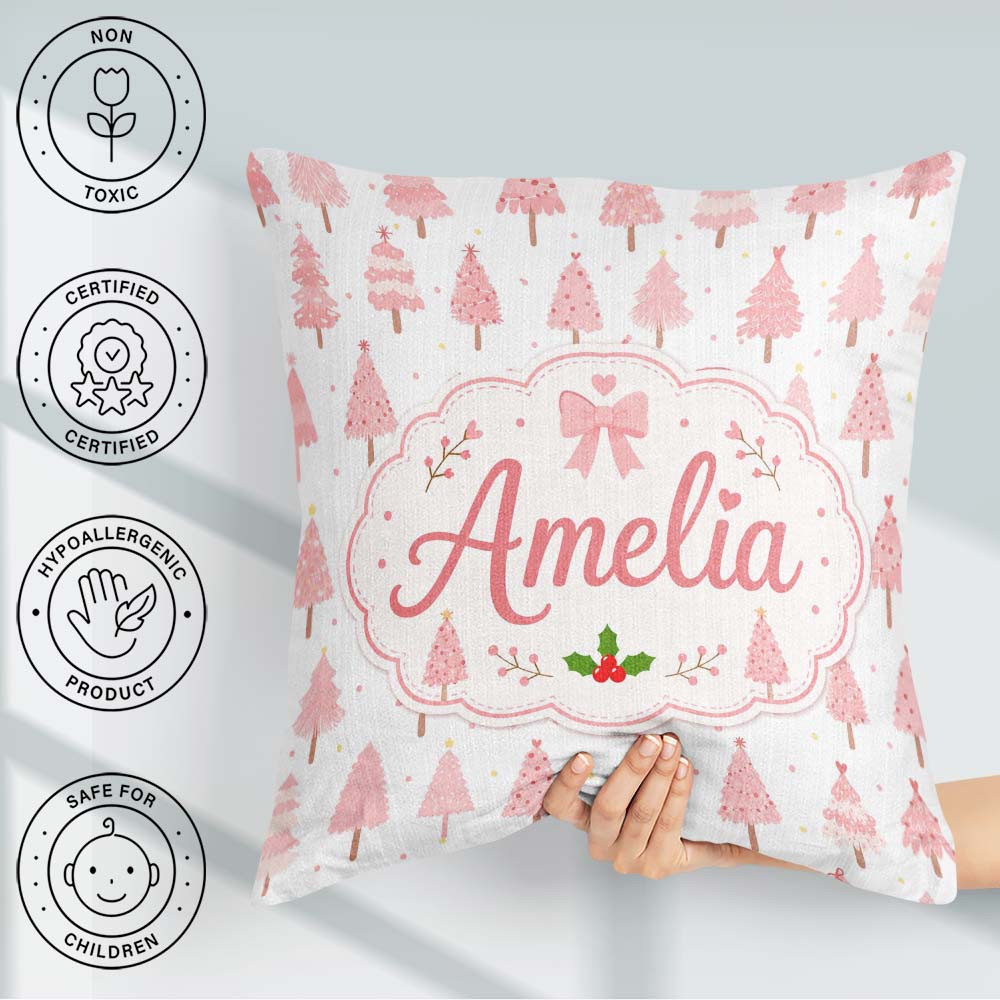 Custom Name Soft Pink Christmas Tree Forest Seamless Pattern Square Filled Cushion Throw Pillow Sofa Bed Home Decor Zip Washable UK Made