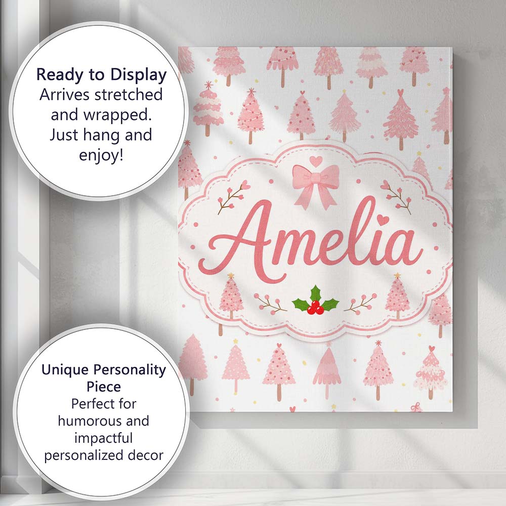 Personalised Name Soft Pink Christmas Tree Custom Unique Gift Idea Elegant Feature Canvas Wall Art Print Decor Picture Ready to Hang