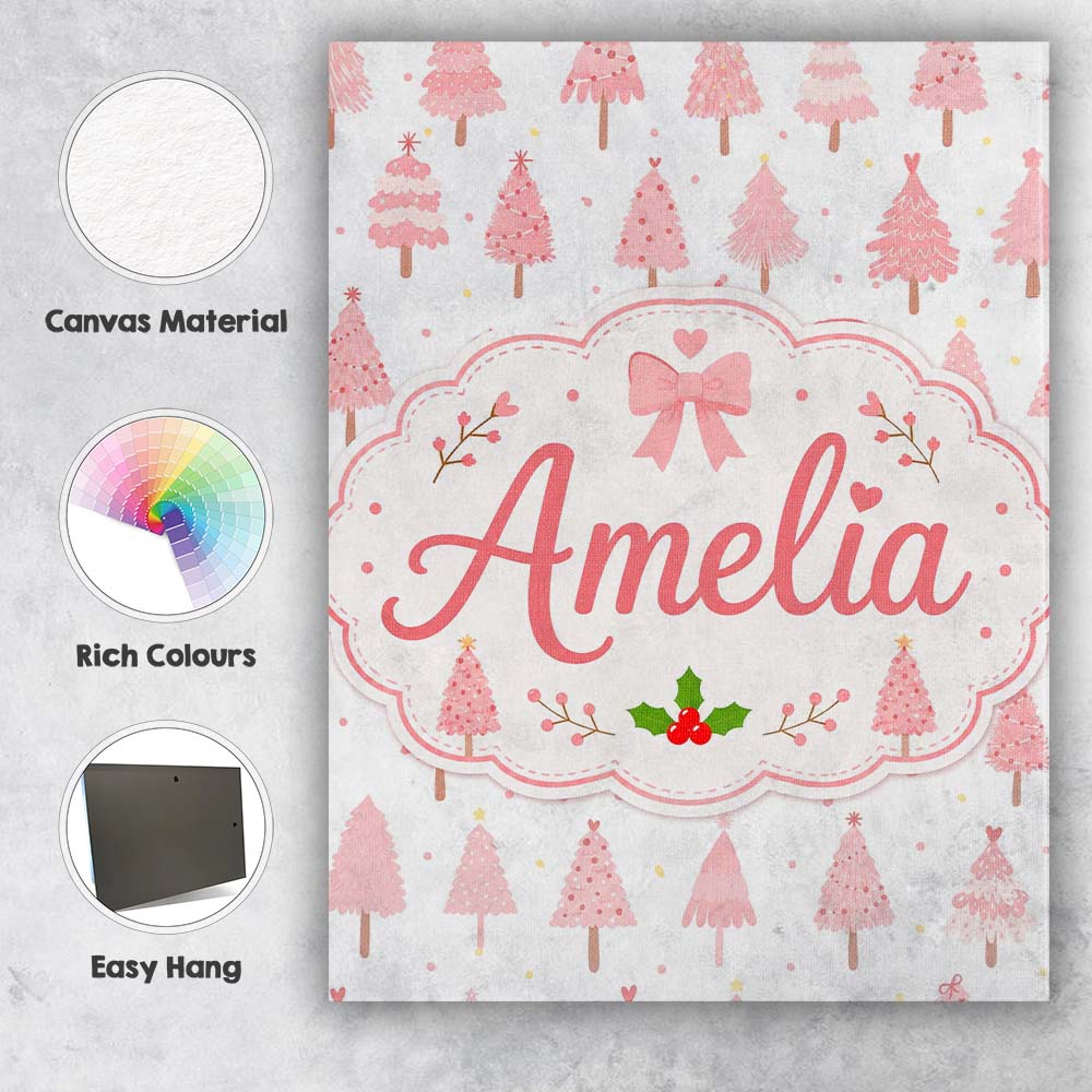 Personalised Name Soft Pink Christmas Tree Custom Unique Gift Idea Elegant Feature Canvas Wall Art Print Decor Picture Ready to Hang