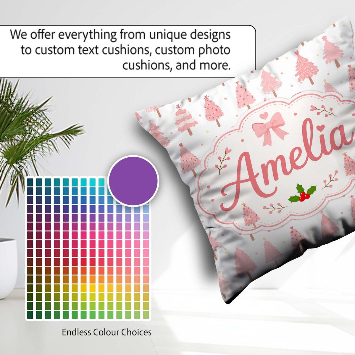 Custom Name Soft Pink Christmas Tree Forest Seamless Pattern Square Filled Cushion Throw Pillow Sofa Bed Home Decor Zip Washable UK Made