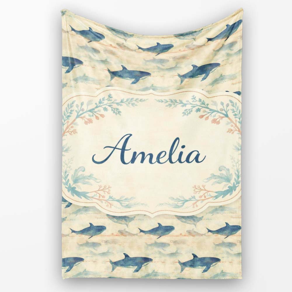 Ocean Whale Seamless Pattern Distressed Beige Marine Animal Design Personalised Custom Name Super Soft Fleece Blanket Bed Sofa Throw
