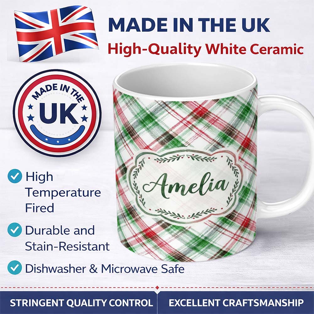 Personalized Custom Name Classic Red Green Watercolor Plaid Tartan Pattern Festive Textile 11oz Ceramic Coffee Tea Mug White Large Handle