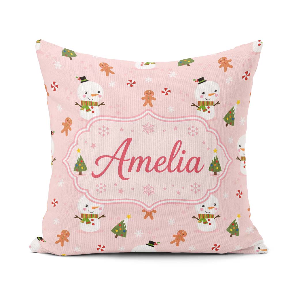 Custom Name Cute Snowman Gingerbread Candy Tree Seamless Pattern Square Filled Cushion Throw Pillow Sofa Bed Home Decor Zip Washable UK Made