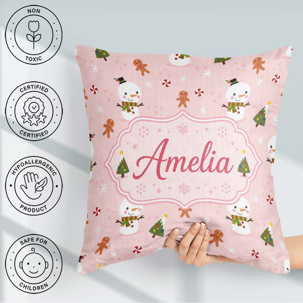 Custom Name Cute Snowman Gingerbread Candy Tree Seamless Pattern Square Filled Cushion Throw Pillow Sofa Bed Home Decor Zip Washable UK Made