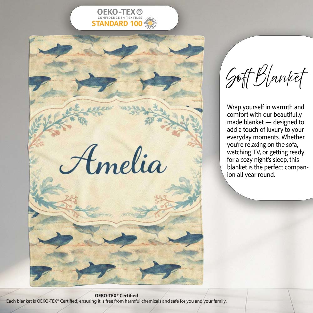 Ocean Whale Seamless Pattern Distressed Beige Marine Animal Design Personalised Custom Name Super Soft Fleece Blanket Bed Sofa Throw