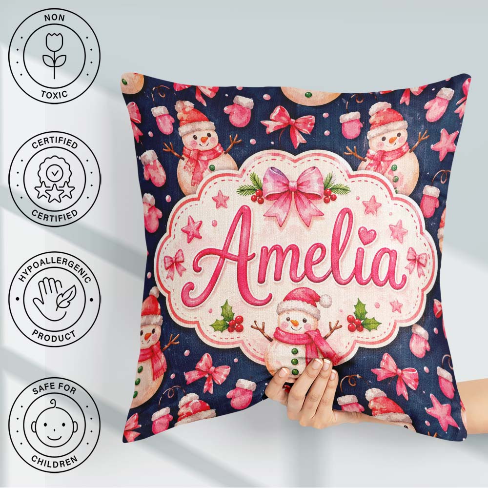 Custom Name Snowman Mittens Stars Winter Seamless Pattern Lovely Square Filled Cushion Throw Pillow Sofa Bed Home Decor Zip Washable UK Made