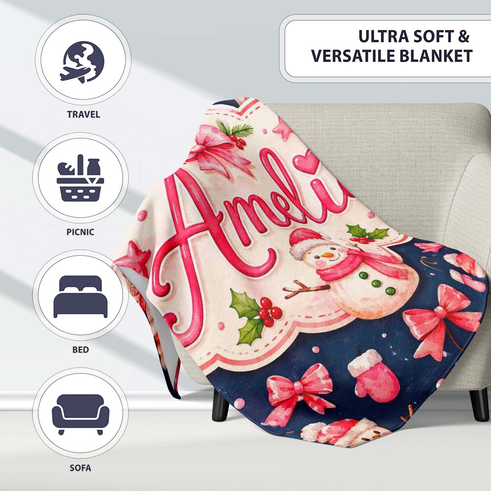 Watercolor Snowman Mittens Stars Winter Seamless Pattern Lovely Personalised Custom Name Super Soft Fleece Blanket Bed Sofa Throw