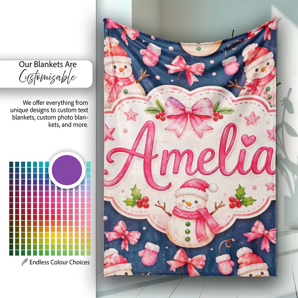 Watercolor Snowman Mittens Stars Winter Seamless Pattern Lovely Personalised Custom Name Super Soft Fleece Blanket Bed Sofa Throw