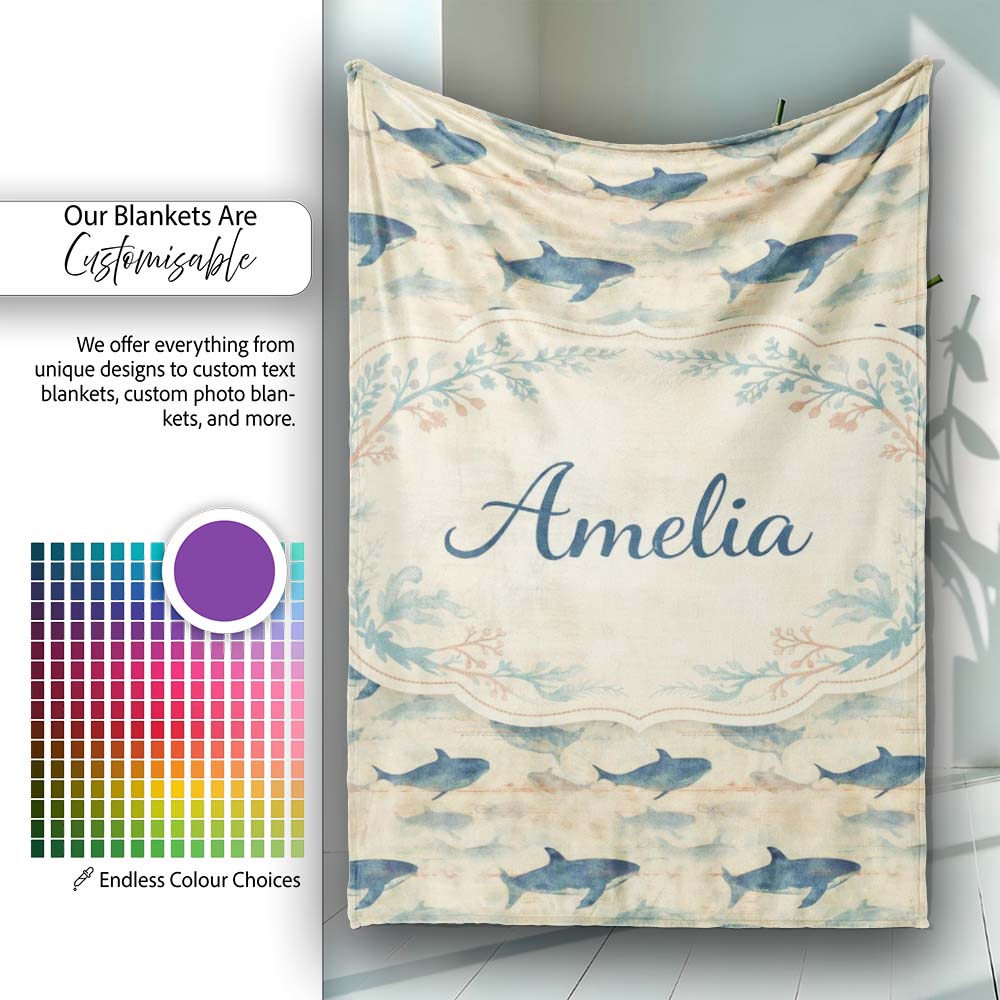 Ocean Whale Seamless Pattern Distressed Beige Marine Animal Design Personalised Custom Name Super Soft Fleece Blanket Bed Sofa Throw