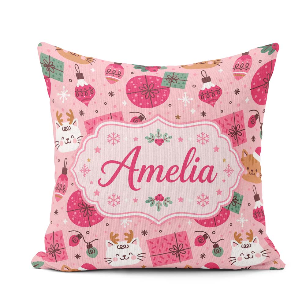 Custom Name Cute Cat Reindeer Christmas Baubles Seamless Pattern Square Filled Cushion Throw Pillow Sofa Bed Home Decor Zip Washable UK Made