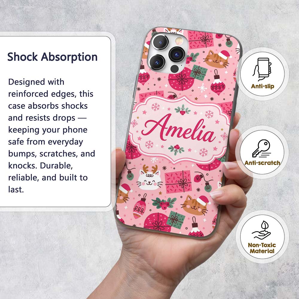 Cute Cat Reindeer Christmas Baubles Gift Seamless Custom Name Protective Phone Case Mobile Cover Durable Everyday Smartphone Shock Resistant