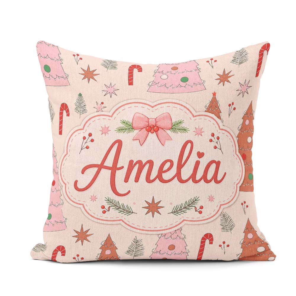 Custom Name Scandinavian Christmas Tree Candy Cane Star Seamless Square Filled Cushion Throw Pillow Sofa Bed Home Decor Zip Washable UK Made