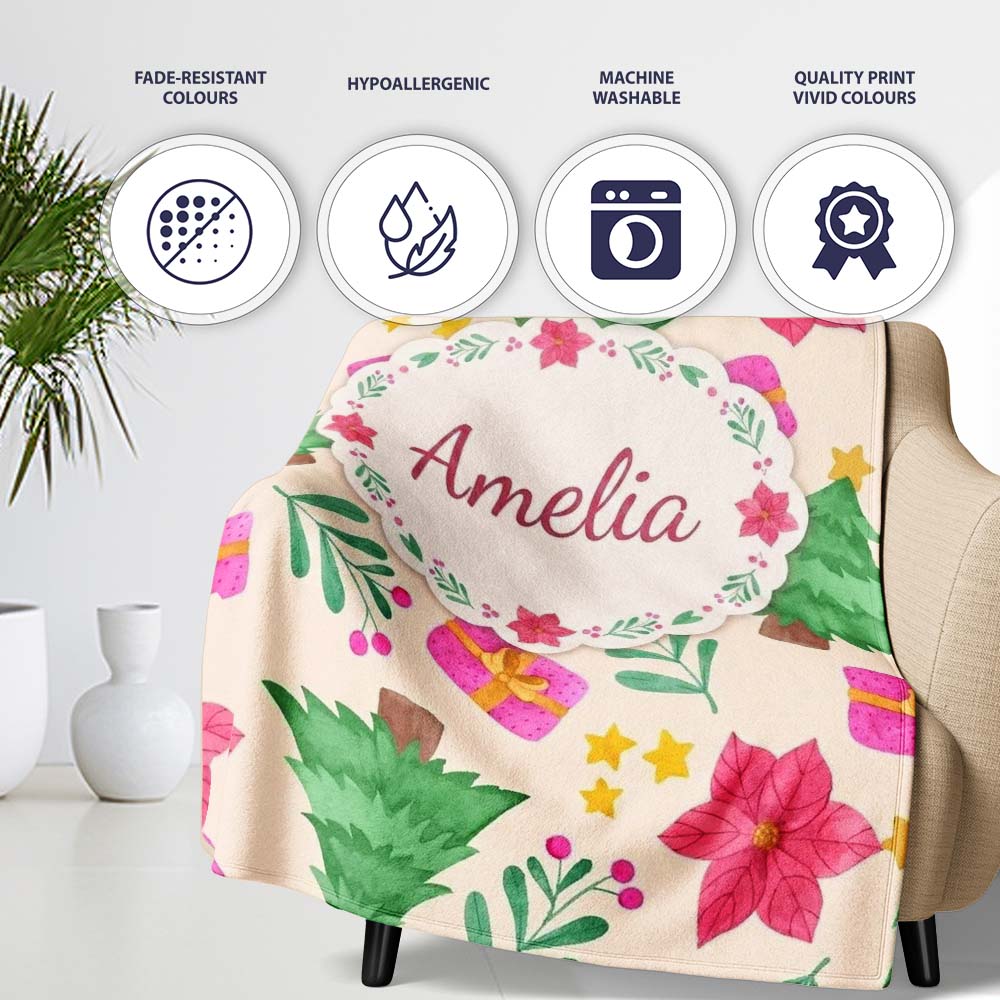 Watercolor Poinsettia Gift Christmas Tree Seamless Pattern Lovely Personalised Custom Name Super Soft Fleece Blanket Bed Sofa Throw