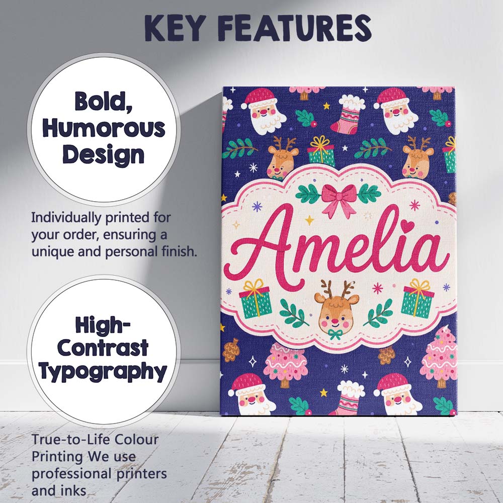 Personalised Name Cute Santa Reindeer Custom Unique Gift Idea Modern Room Accent Canvas Wall Art Print Decor Picture Ready to Hang
