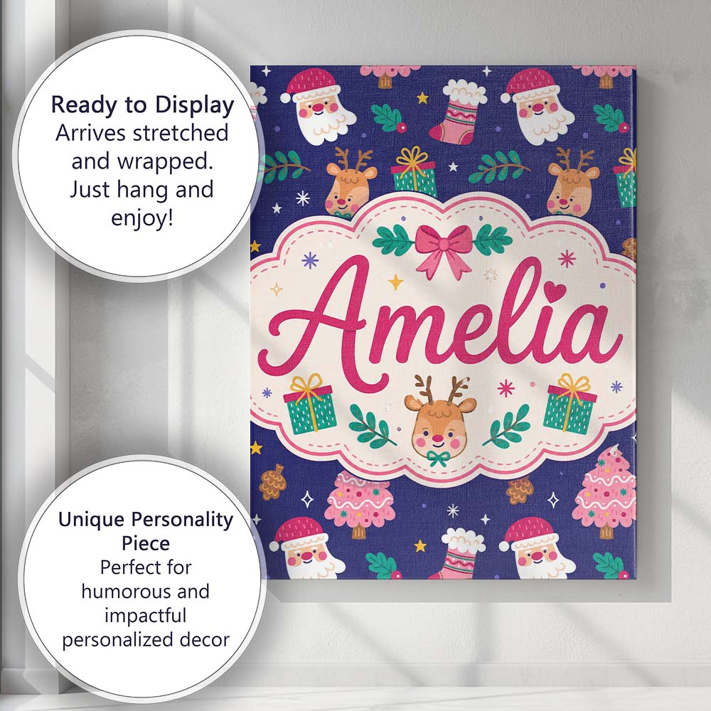 Personalised Name Cute Santa Reindeer Custom Unique Gift Idea Modern Room Accent Canvas Wall Art Print Decor Picture Ready to Hang