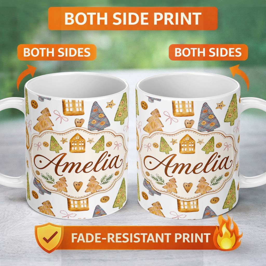 Personalized Custom Name Rustic Christmas Cookies Trees Houses Buttons Seamless Pattern 11oz Ceramic Coffee Tea Mug White Large Handle