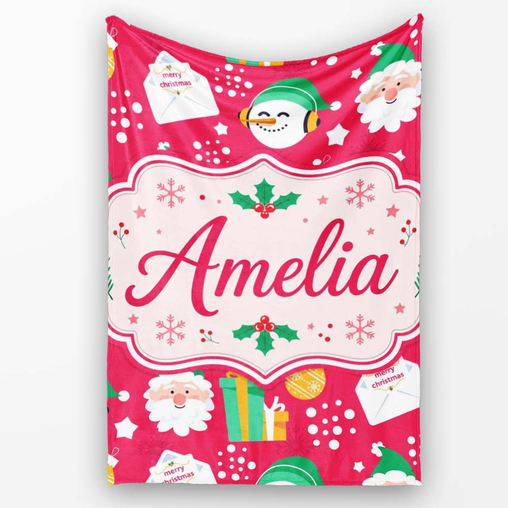 Cute Santa Snowman Christmas Letter Gift Seamless Pattern Lovely Personalised Custom Name Super Soft Fleece Blanket Bed Sofa Throw
