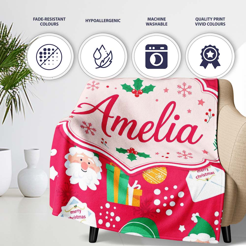 Cute Santa Snowman Christmas Letter Gift Seamless Pattern Lovely Personalised Custom Name Super Soft Fleece Blanket Bed Sofa Throw