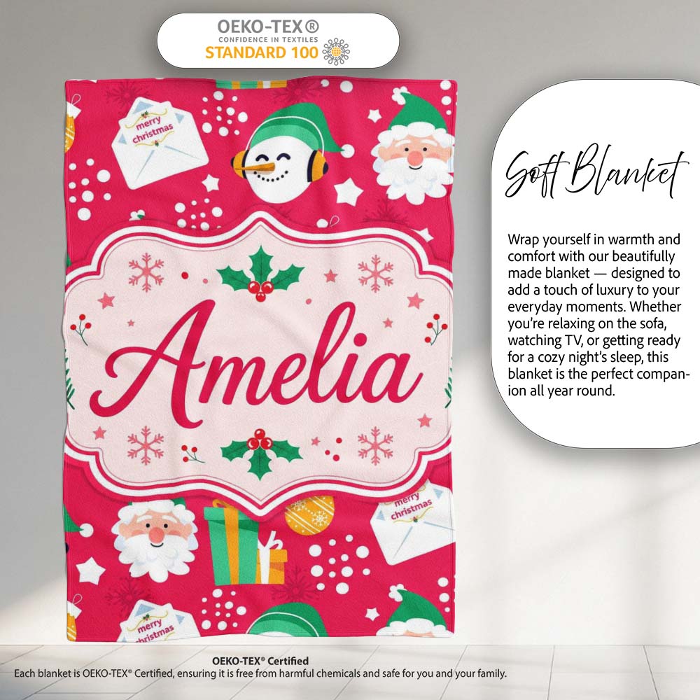 Cute Santa Snowman Christmas Letter Gift Seamless Pattern Lovely Personalised Custom Name Super Soft Fleece Blanket Bed Sofa Throw
