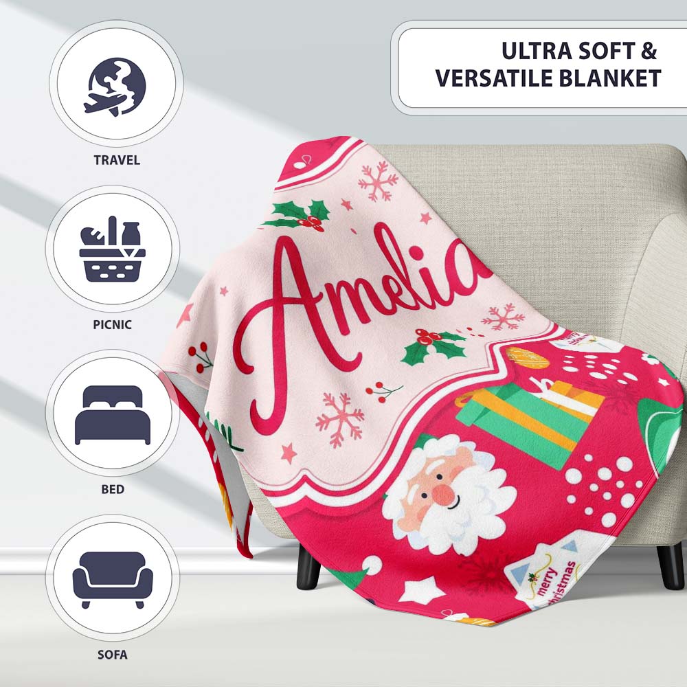Cute Santa Snowman Christmas Letter Gift Seamless Pattern Lovely Personalised Custom Name Super Soft Fleece Blanket Bed Sofa Throw