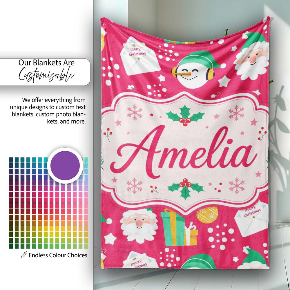 Cute Santa Snowman Christmas Letter Gift Seamless Pattern Lovely Personalised Custom Name Super Soft Fleece Blanket Bed Sofa Throw