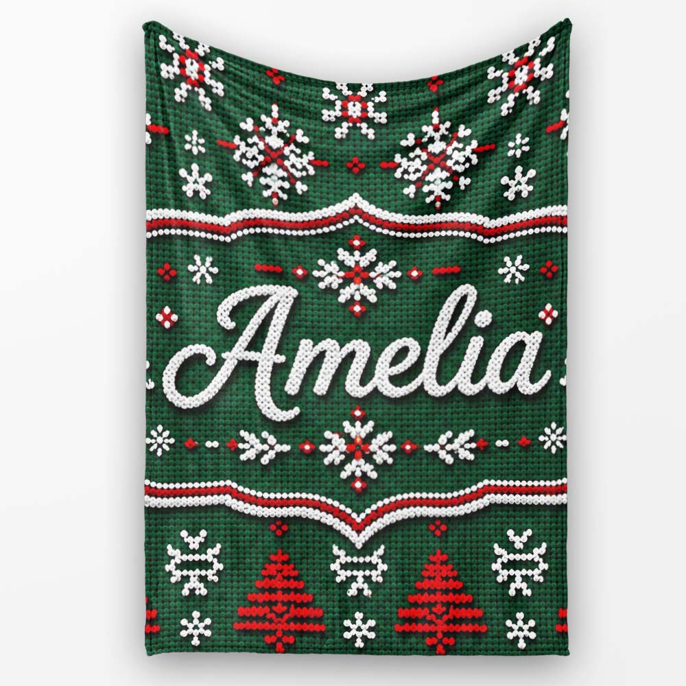 Knitted Red White Christmas Tree Snowflake Seamless Pattern Lovely Personalised Custom Name Super Soft Fleece Blanket Bed Sofa Throw