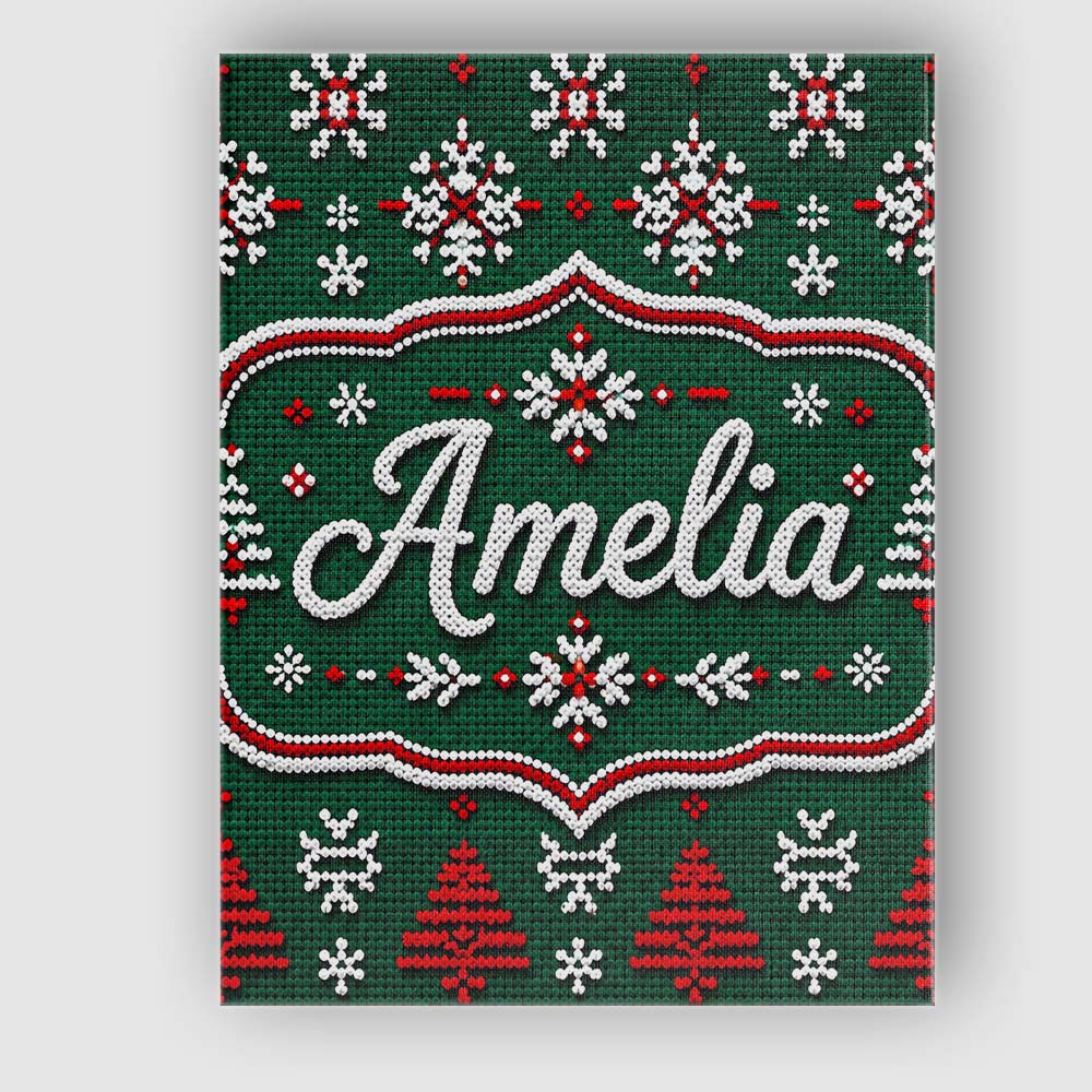 Personalised Name Knitted Red White Christmas Custom Unique Gift Idea Modern Room Accent Canvas Wall Art Print Decor Picture Ready to Hang