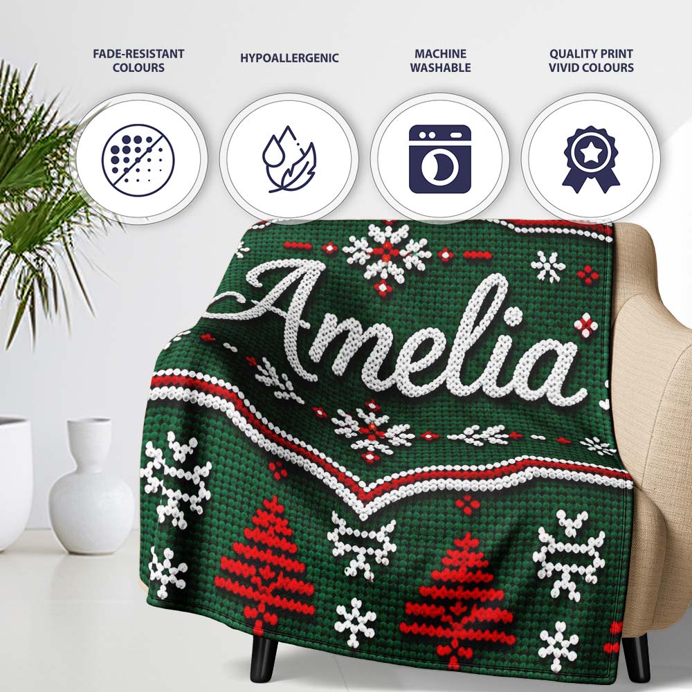 Knitted Red White Christmas Tree Snowflake Seamless Pattern Lovely Personalised Custom Name Super Soft Fleece Blanket Bed Sofa Throw