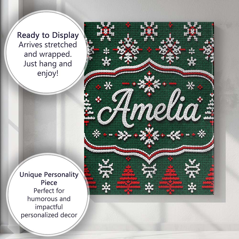 Personalised Name Knitted Red White Christmas Custom Unique Gift Idea Modern Room Accent Canvas Wall Art Print Decor Picture Ready to Hang