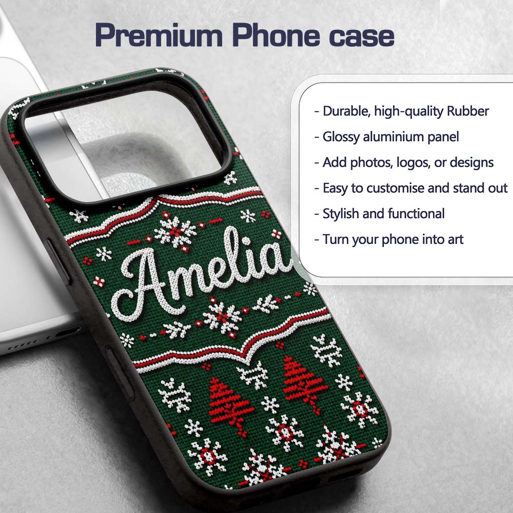 Knitted Red White Christmas Tree Printed Design Custom Name Protective Phone Case Mobile Cover Durable Everyday Smartphone Shock Resistant