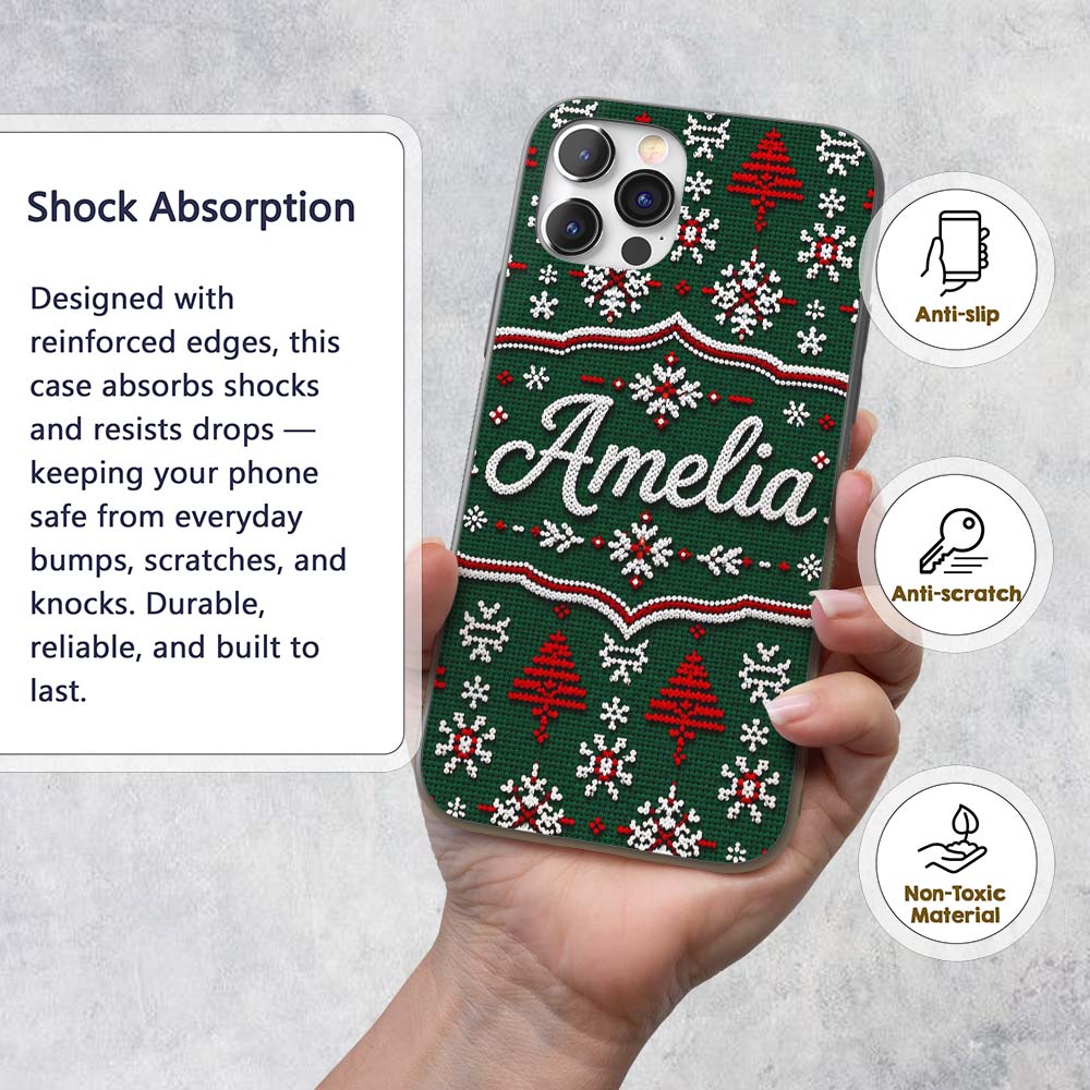 Knitted Red White Christmas Tree Printed Design Custom Name Protective Phone Case Mobile Cover Durable Everyday Smartphone Shock Resistant