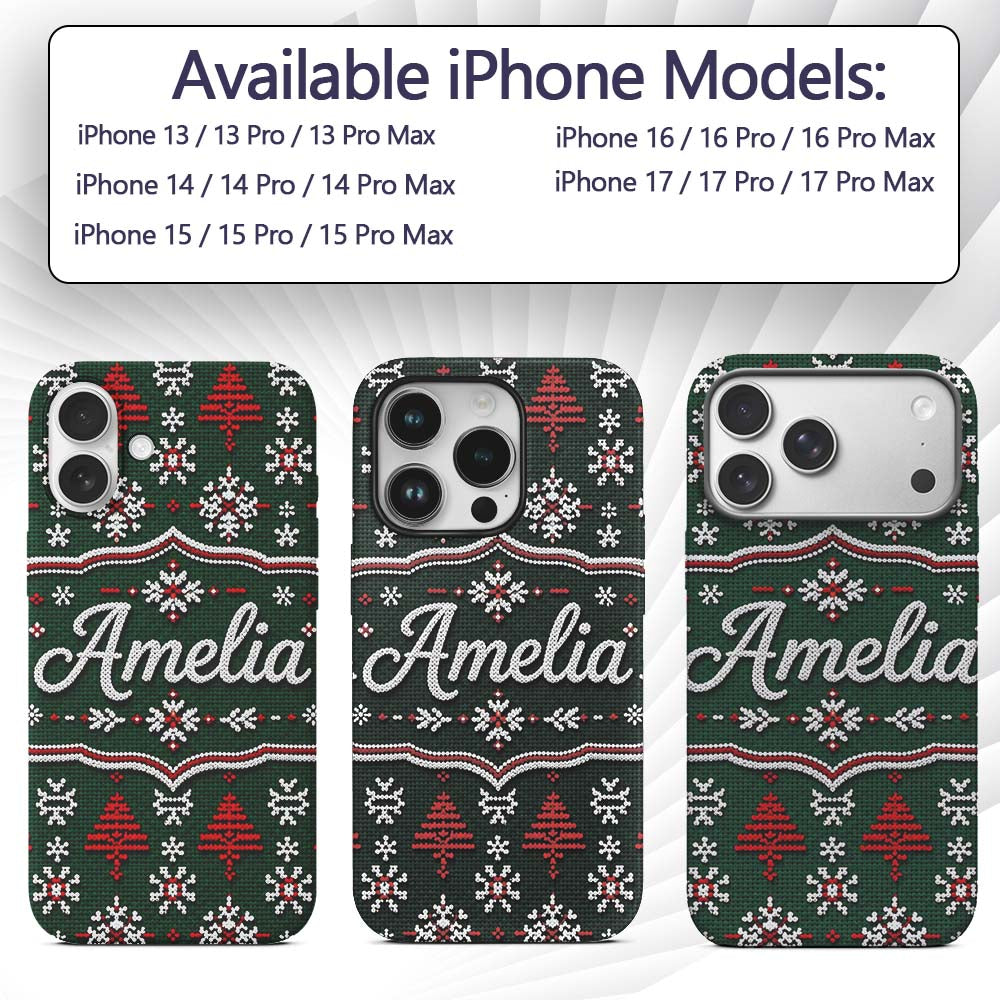 Knitted Red White Christmas Tree Printed Design Custom Name Protective Phone Case Mobile Cover Durable Everyday Smartphone Shock Resistant