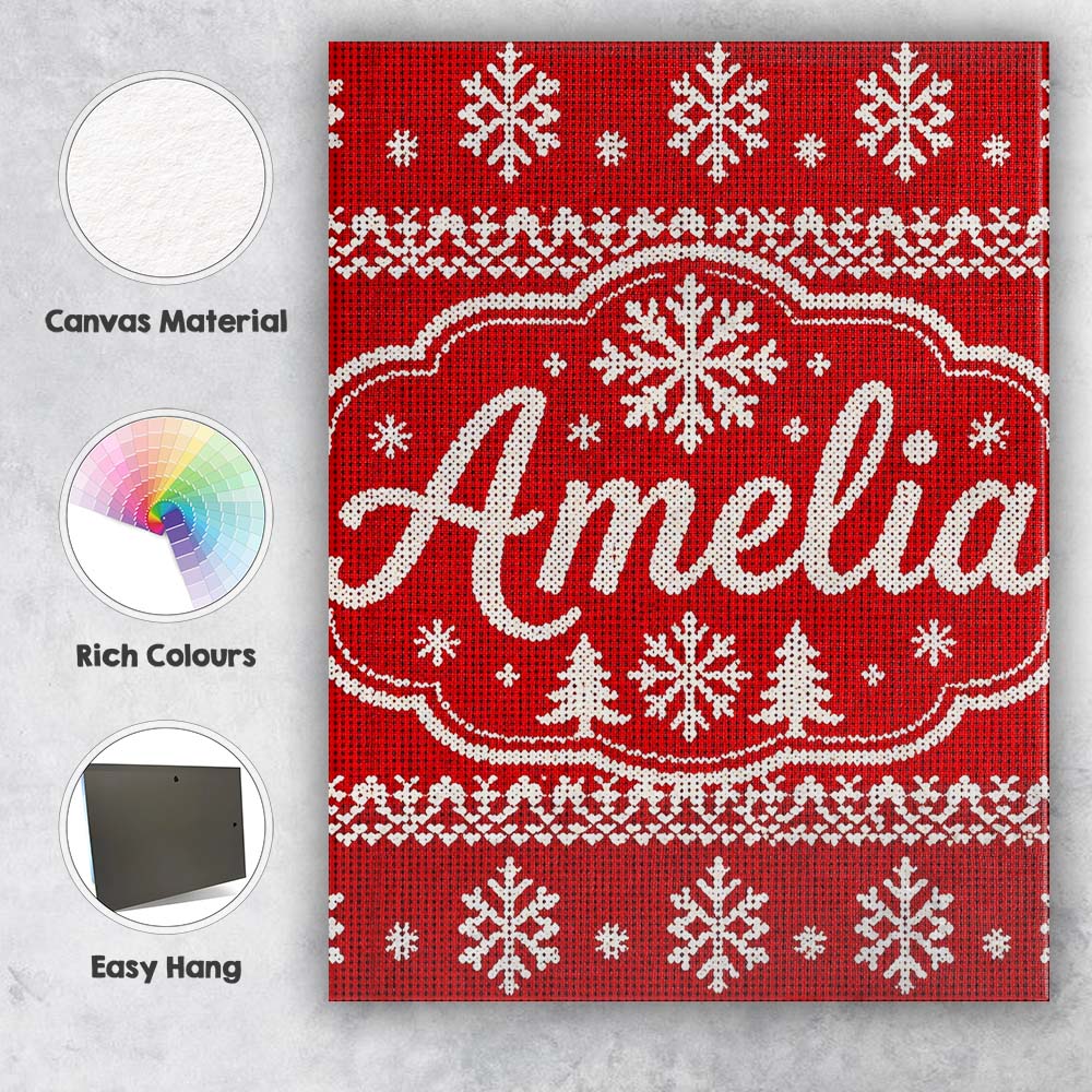 Personalised Name Knitted Red Christmas Custom Modern Room Accent Elegant Feature Canvas Wall Art Print Decor Picture Ready to Hang