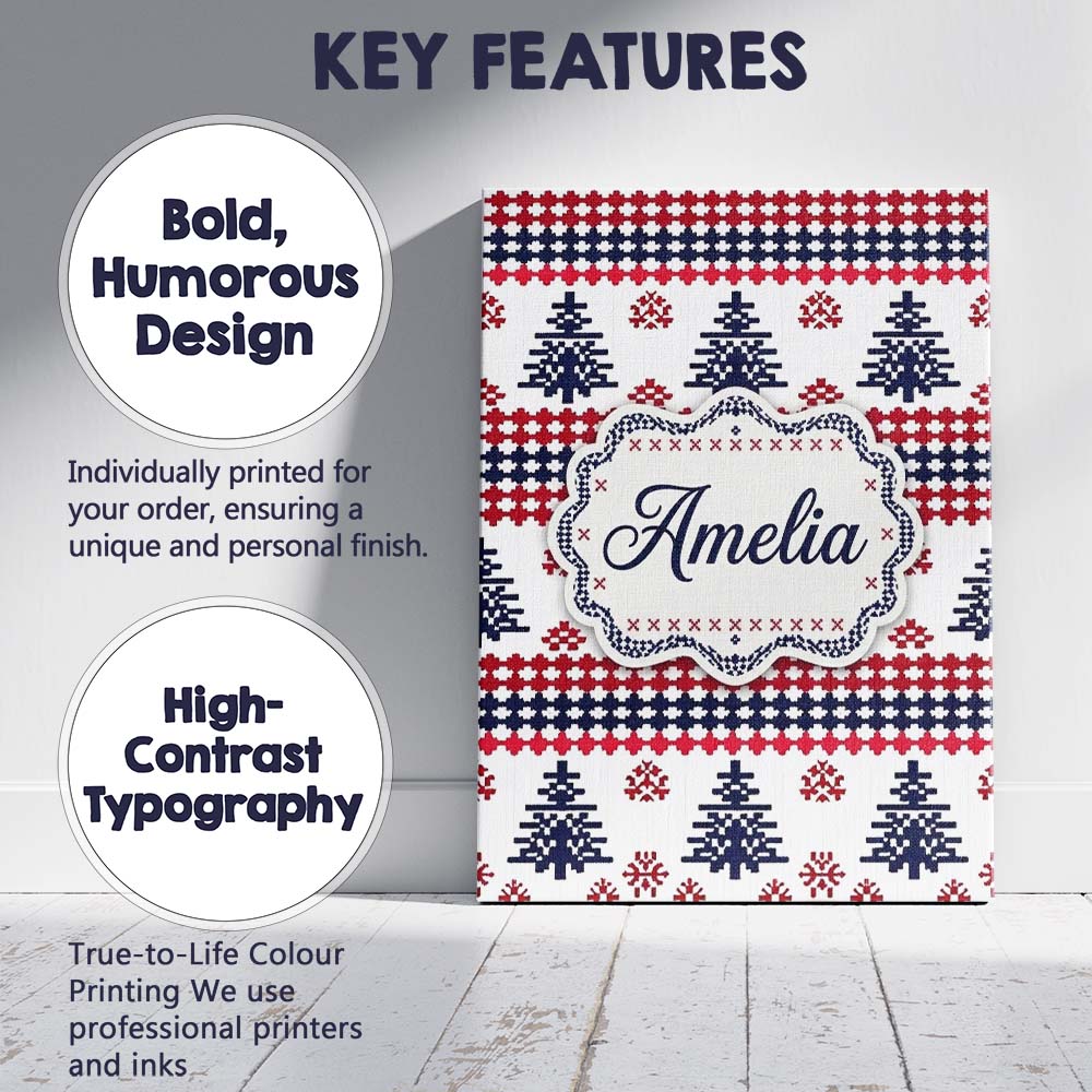 Personalised Name Nordic Red Blue Christmas Custom Bespoke Interior Contemporary Canvas Wall Art Print Decor Picture Ready to Hang