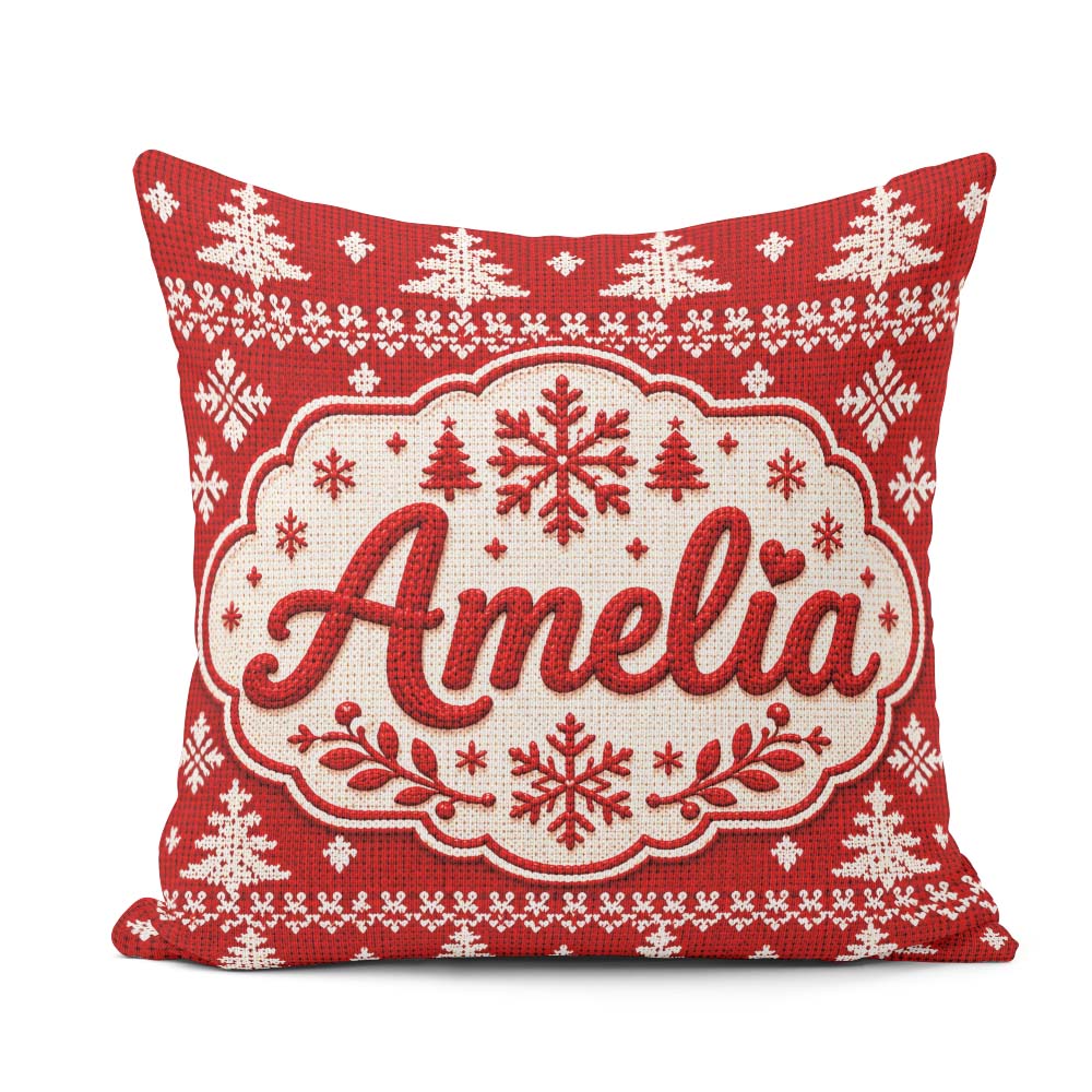 Custom Name Knitted Nordic Snowflake Christmas Tree Red Seamless Square Filled Cushion Throw Pillow Sofa Bed Home Decor Zip Washable UK Made