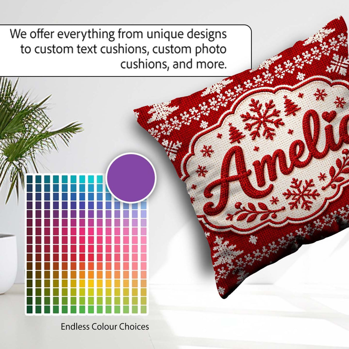 Custom Name Knitted Nordic Snowflake Christmas Tree Red Seamless Square Filled Cushion Throw Pillow Sofa Bed Home Decor Zip Washable UK Made