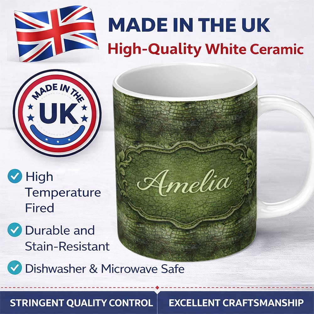 Personalized Custom Name Green Crocodile Skin Texture Pattern Thoughtful Gift Idea Lovely 11oz Ceramic Coffee Tea Mug White Large Handle